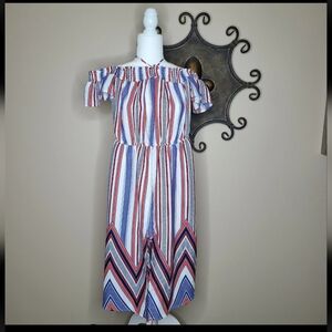 Soulmates Off-Shoulder Chevron Jumpsuit - Red, Blue, White
